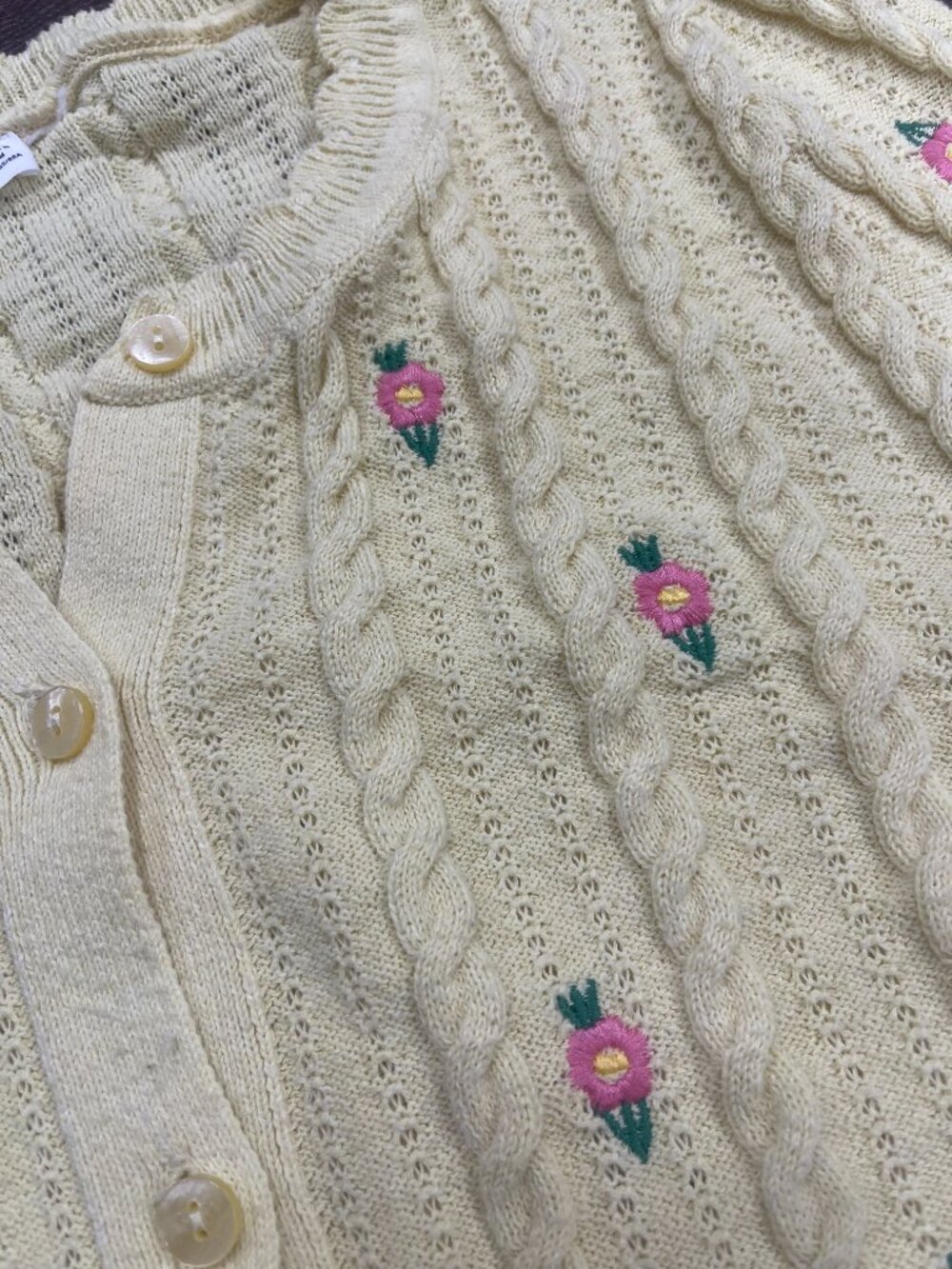 Butter Yellow Floral Cable Knit Cottagecore Cardigan Medium - Picture 4 of 9